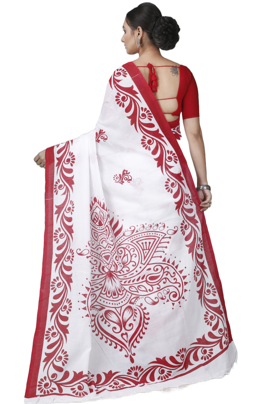 White Pure Cotton Teba Printed Handloom Saree (1261)